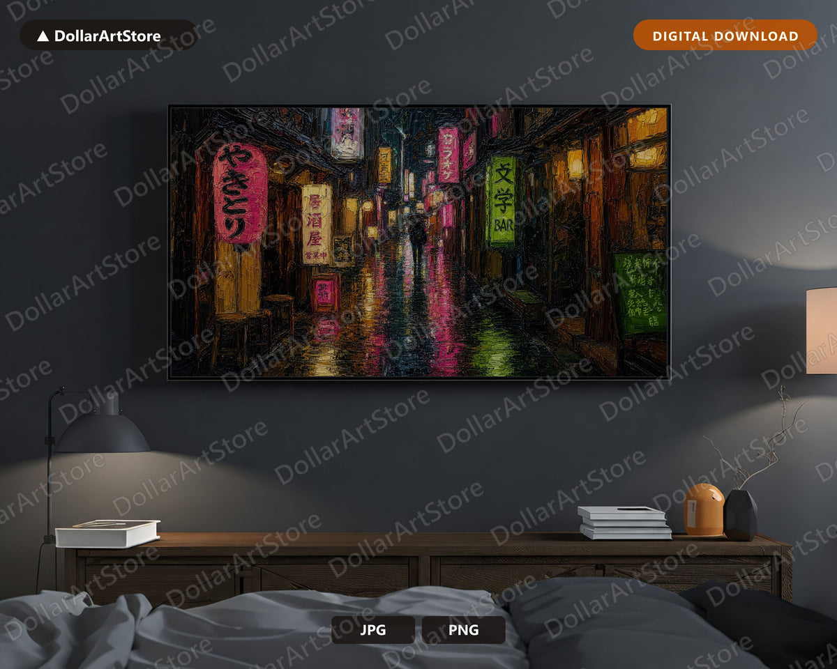 Moody Neon Street Frame TV Art, Dark Urban Scenery Samsung TV Download, Cozy Rainy East Asia 4K