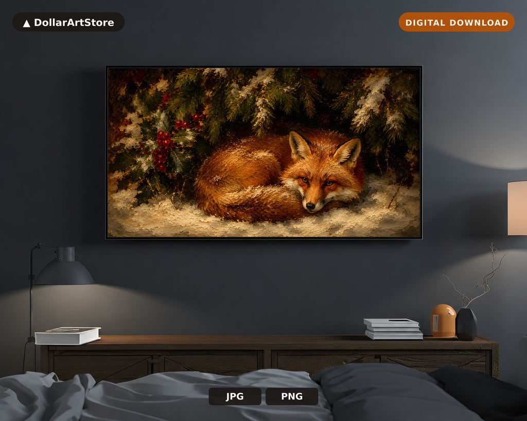 Cozy Fox Winter Frame TV Art, Samsung Frame TV Digital Download, 4K Textured Holiday Scenery