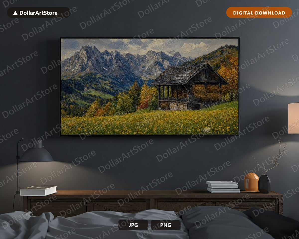 Cozy Rustic Frame TV Art, Alpine Mountain Cottage Samsung Frame TV Digital Download, 4K Textured Scenery