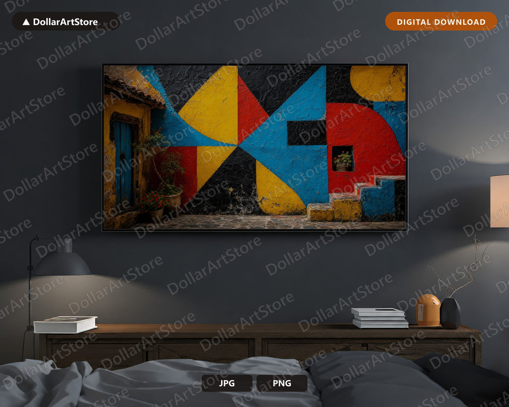 Colorful Geometric Wall Frame TV Art, Textured African Architecture, 4K Samsung Frame TV Digital Download
