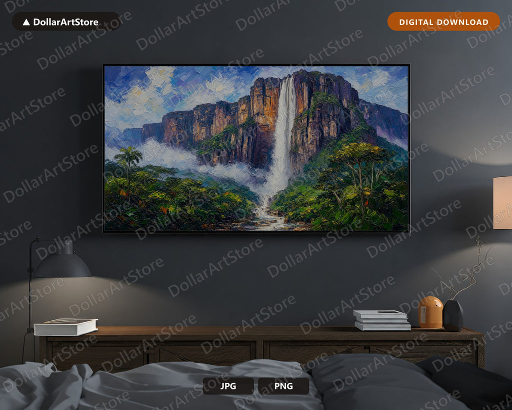 Cozy Tropical Waterfall Scenery Frame TV Art, Samsung Frame TV Digital Download, 4K Textured Landscape Art