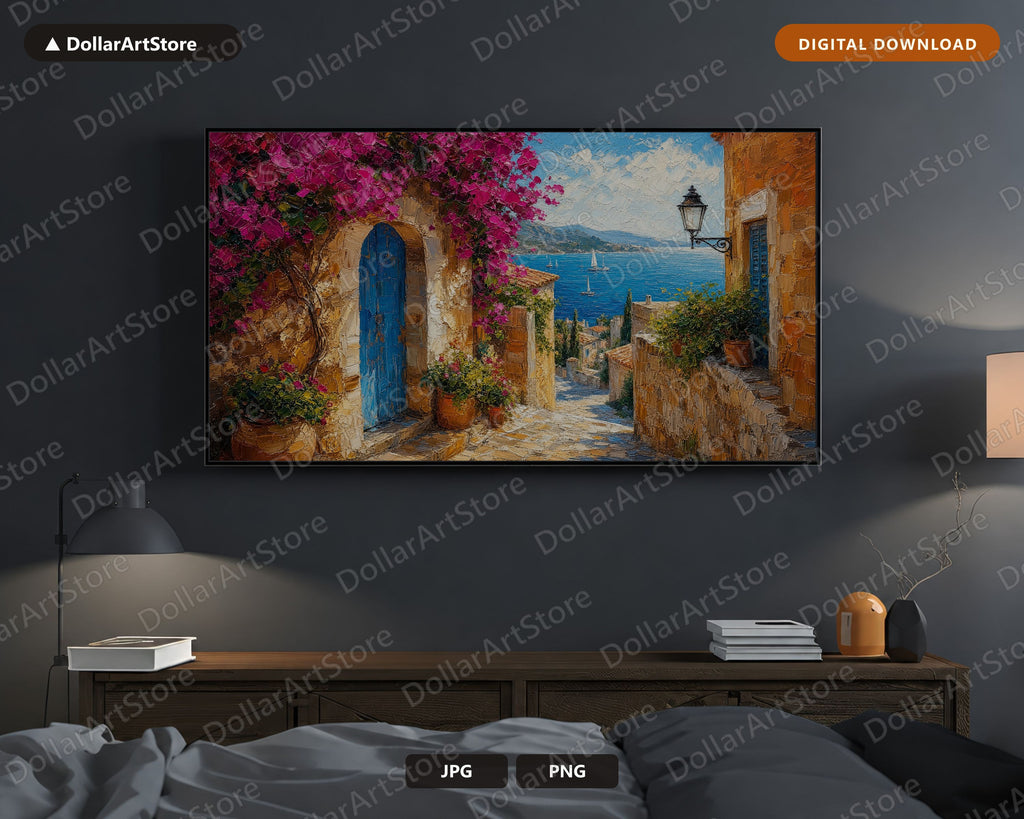 Cozy Mediterranean Frame TV Art, Textured Coastal Scenery, Samsung Frame TV Digital Download 4K
