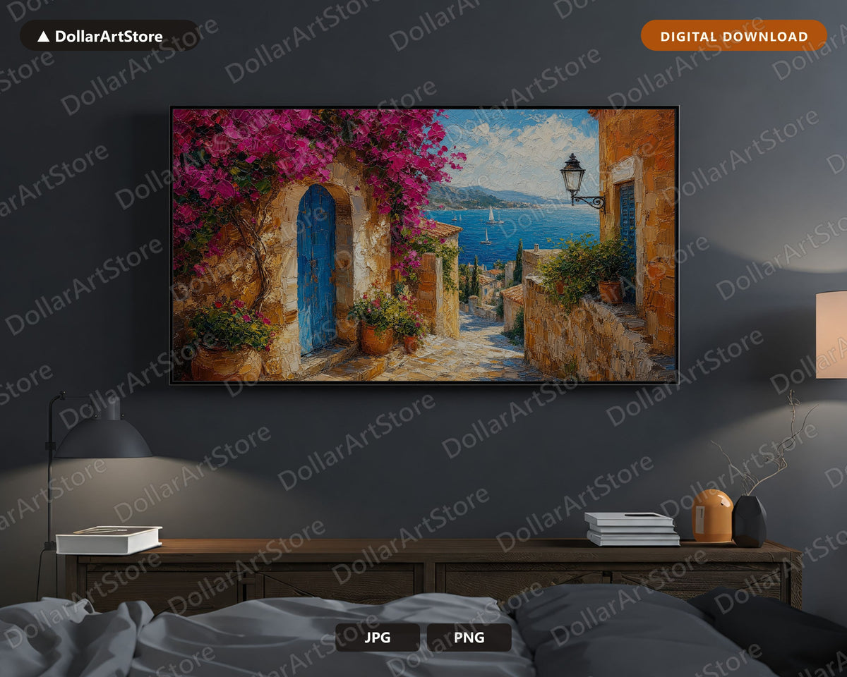 Cozy Mediterranean Frame TV Art, Textured Coastal Scenery, Samsung Frame TV Digital Download 4K