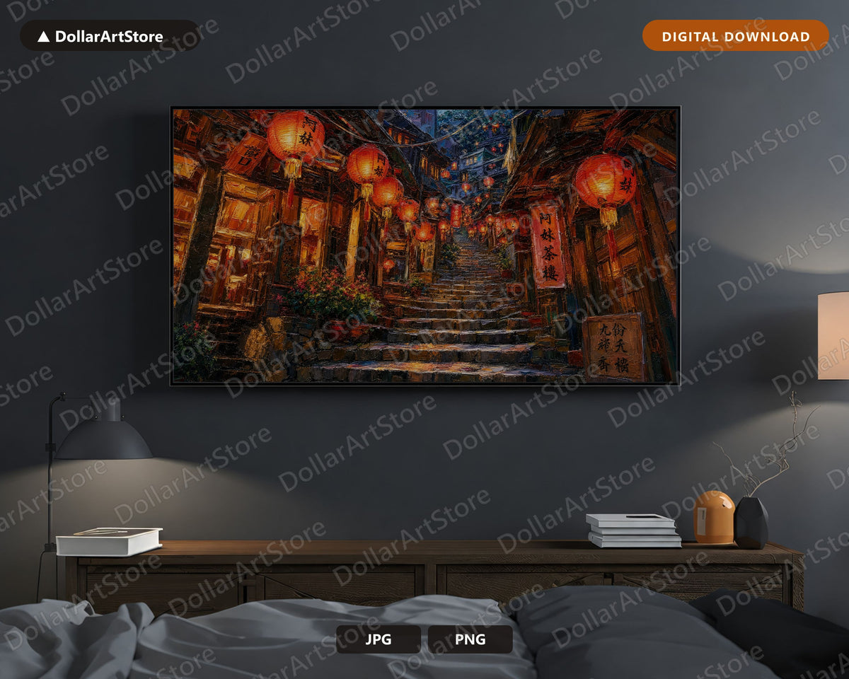 Cozy East Asia Lantern Alley Frame TV Art, Samsung Frame TV 4K Digital Download, Textured Night Scenery
