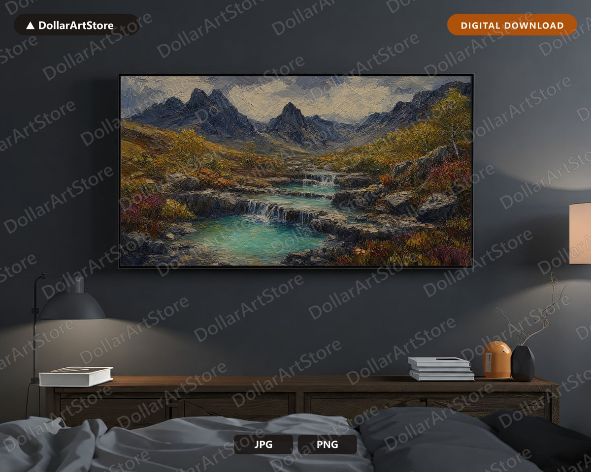 Cozy Textured Mountain Landscape Frame TV Art, Scenic Waterfall Valley Samsung Frame TV Download