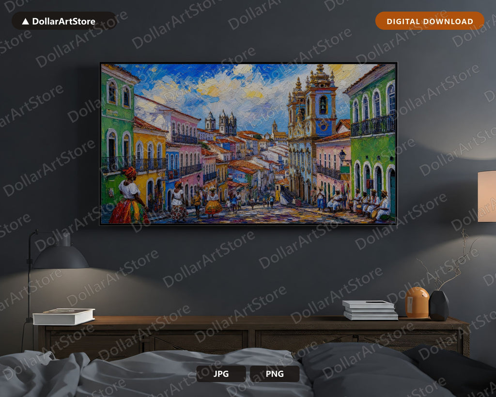 Cozy Colonial Street Frame TV Art, Samsung Frame TV Digital Download, Vibrant Textured Americas Scenery