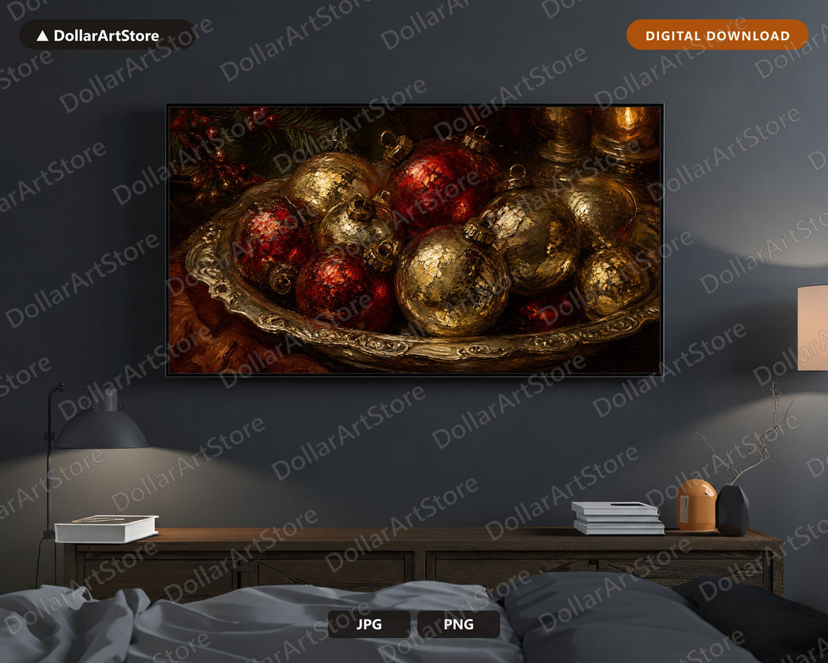 Cozy Christmas Frame TV Art, Red Gold Ornaments Evergreen Holiday Decor