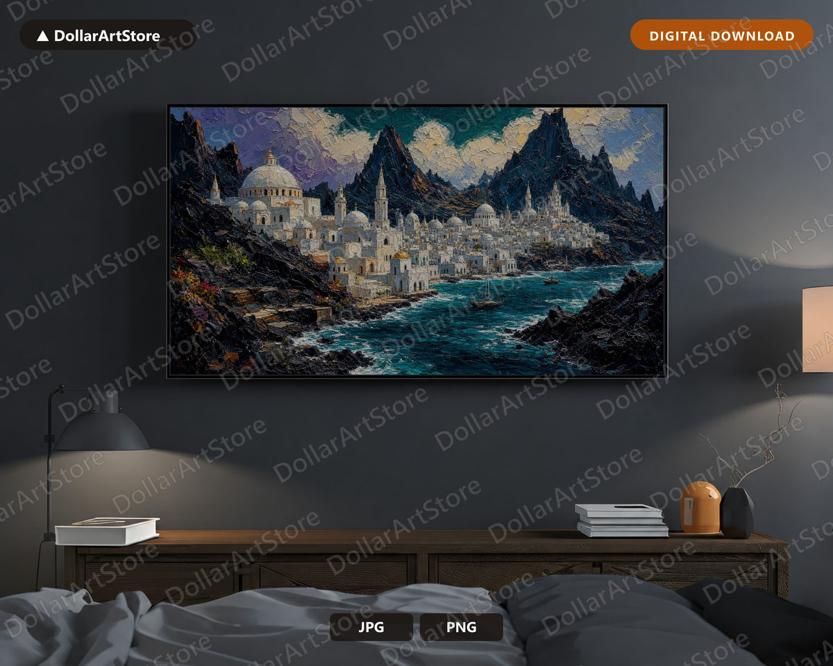  Fantasy Coastal Town Textured Frame TV Art