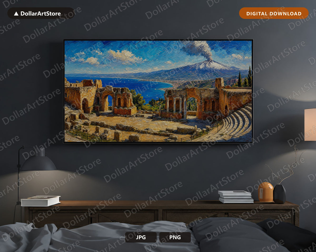 Cozy Mediterranean Frame TV Art, Ancient Theatre Taormina Sicily, Samsung Frame TV Digital Download 4K