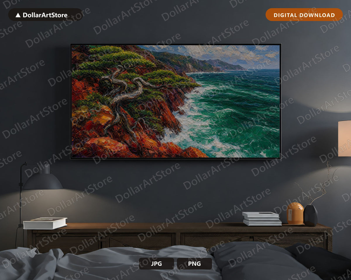 Cozy Coastal Frame TV Art, Wind-Swept Costa Brava Cliffs, Samsung Frame TV Digital Download, 4K