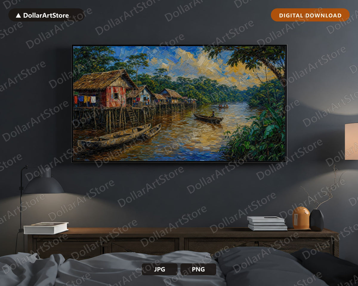 Cozy Tropical River Village Frame TV Art, Samsung Frame TV Digital Download, 4K Textured Scenery
