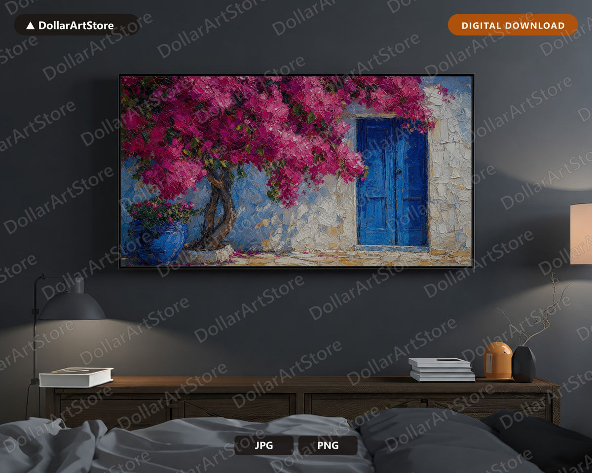 Cozy Mediterranean Bougainvillea Frame TV Art, Samsung Frame Digital Download, 4K Textured Coastal Screensaver