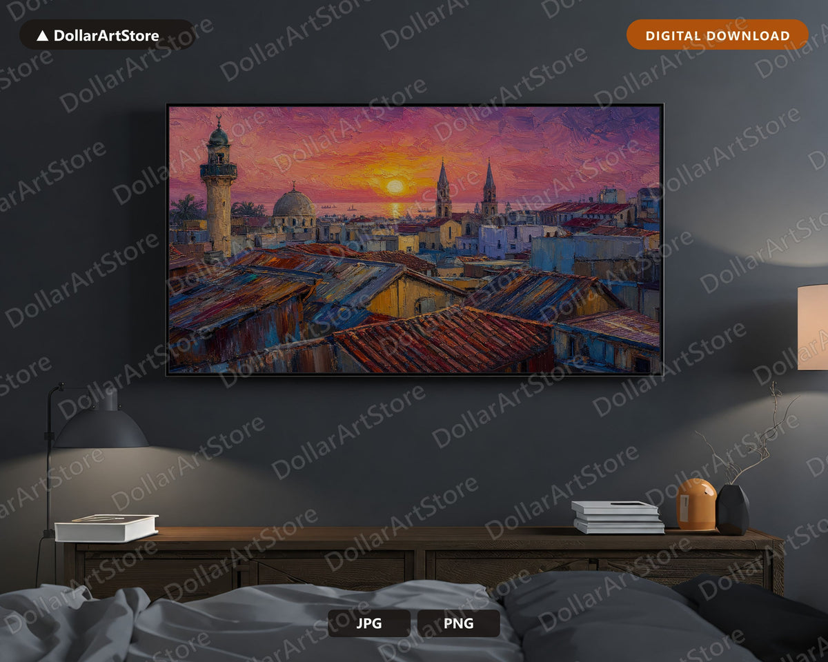 Cozy Textured Sunset Frame TV Art, African Cityscape Samsung Frame TV Digital Download 4K