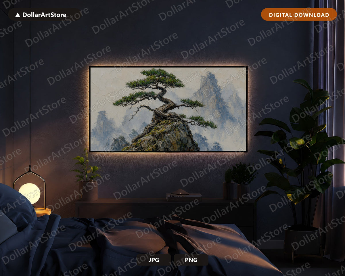 Cozy East Asian Bonsai Frame TV Art, Samsung Frame TV Digital Download, 4K Textured Mountain Scenery