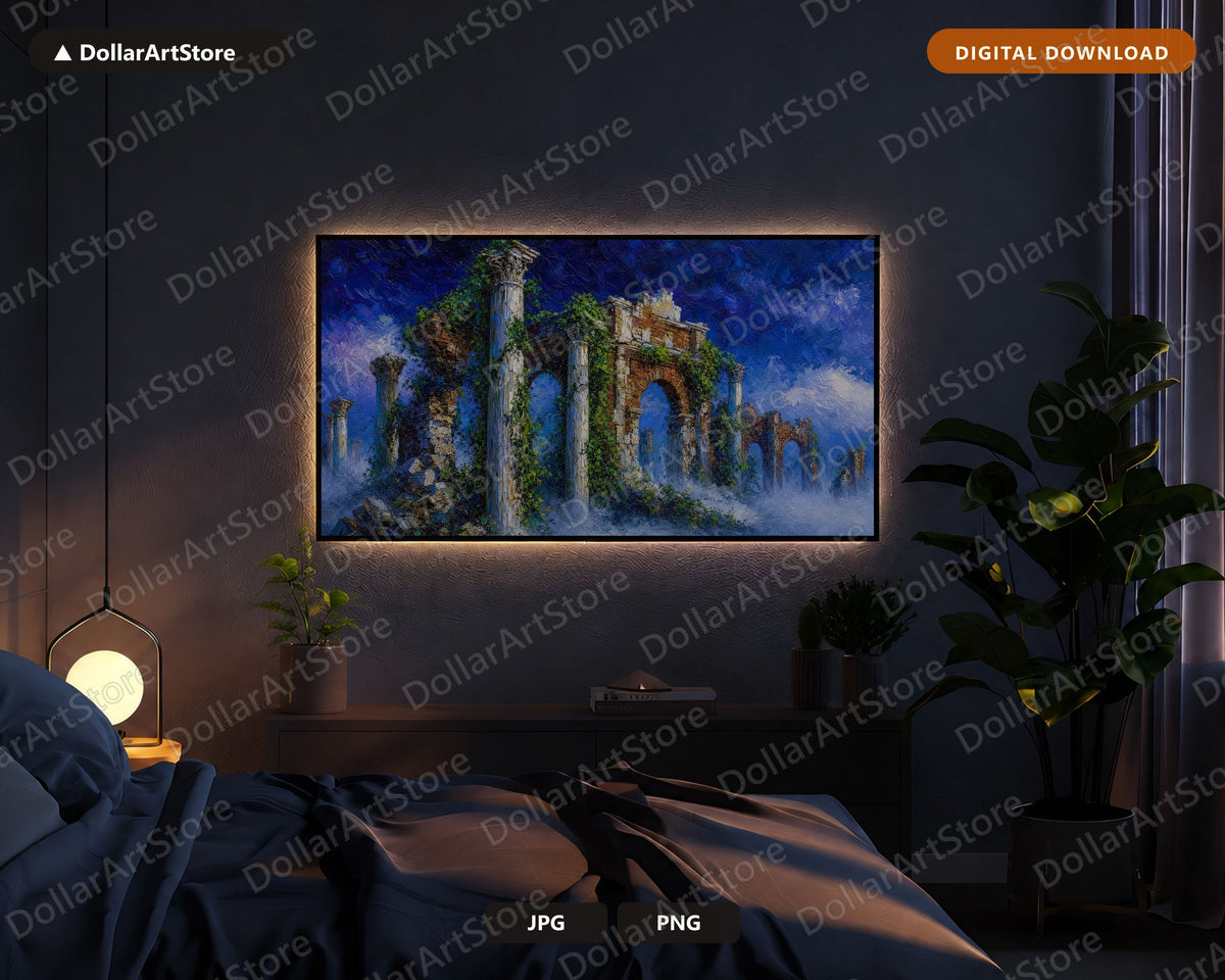 Cozy Scenery Frame TV Art, Roman Ruins Evening Mist, Samsung Frame TV Digital Download 4K