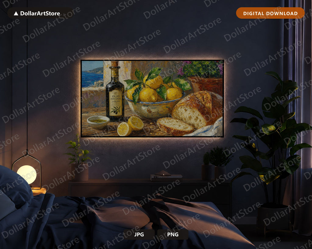 Cozy Mediterranean Table Frame TV Art, Samsung Frame TV Digital Download, 4K Textured Coastal Scenery