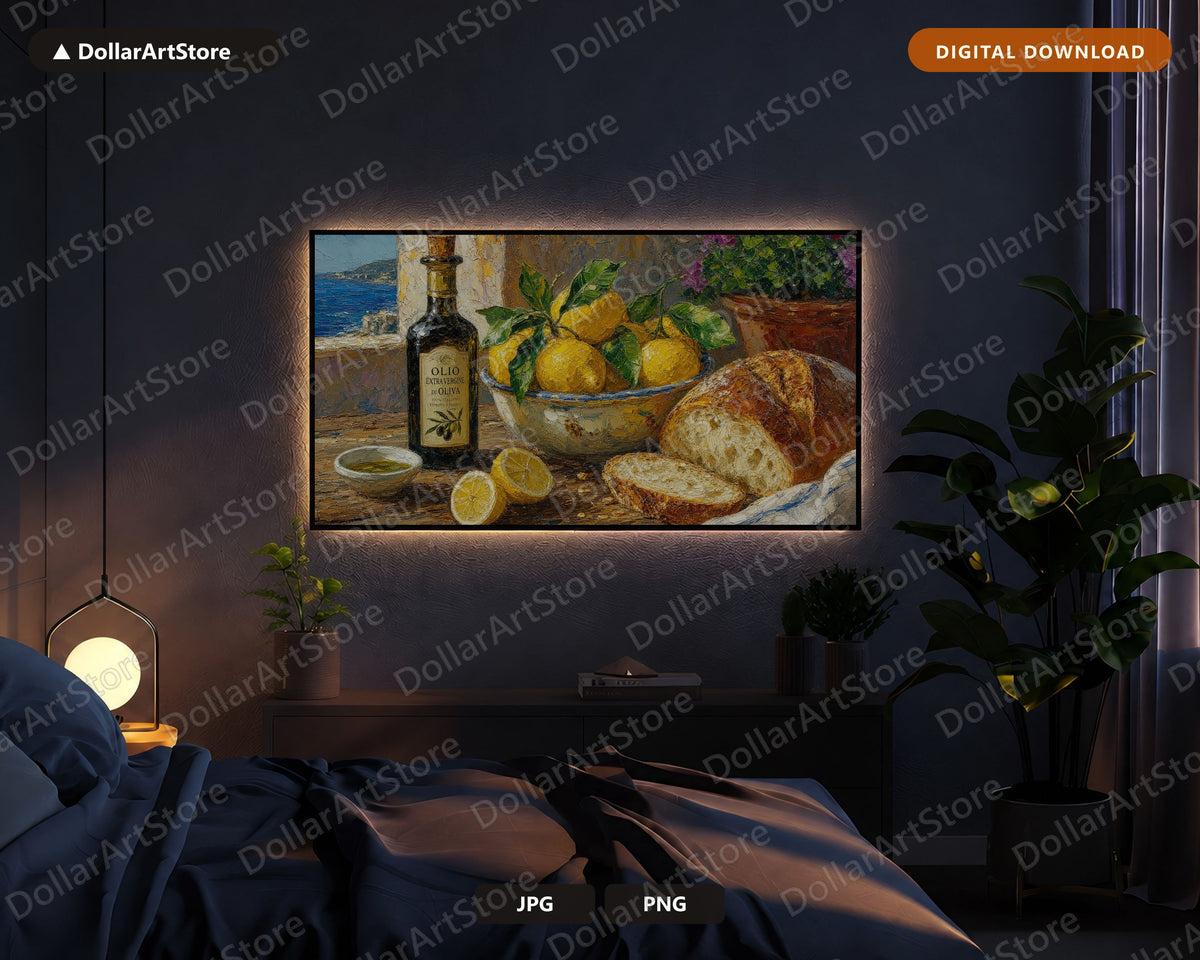 Cozy Mediterranean Table Frame TV Art, Samsung Frame TV Digital Download, 4K Textured Coastal Scenery