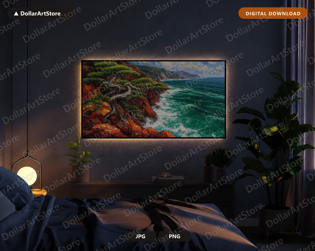 Cozy Coastal Frame TV Art, Wind-Swept Costa Brava Cliffs, Samsung Frame TV Digital Download, 4K