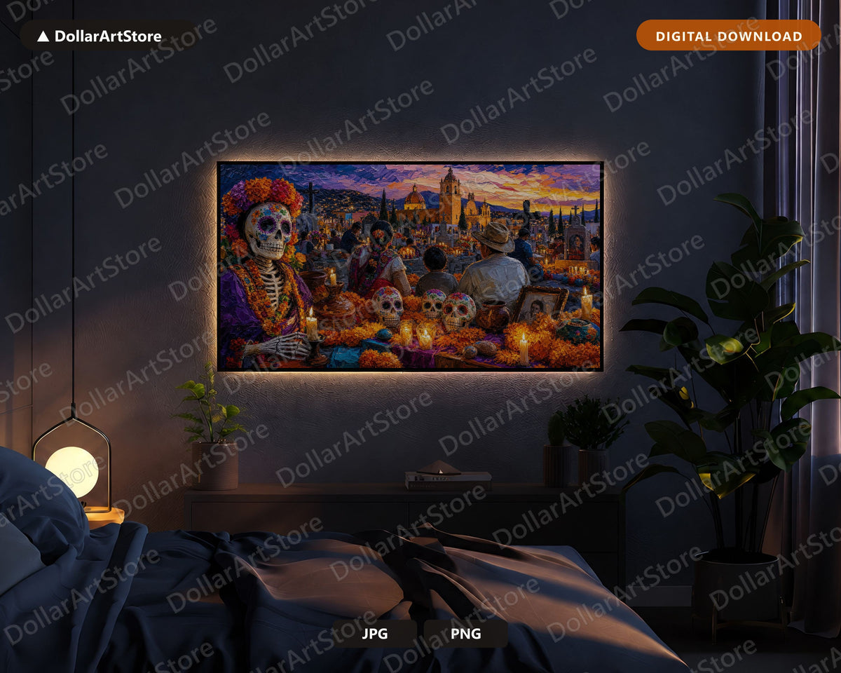 Day of the Dead Cemetery Frame TV Art, Textured Landscape Samsung Frame TV Digital Download 4K