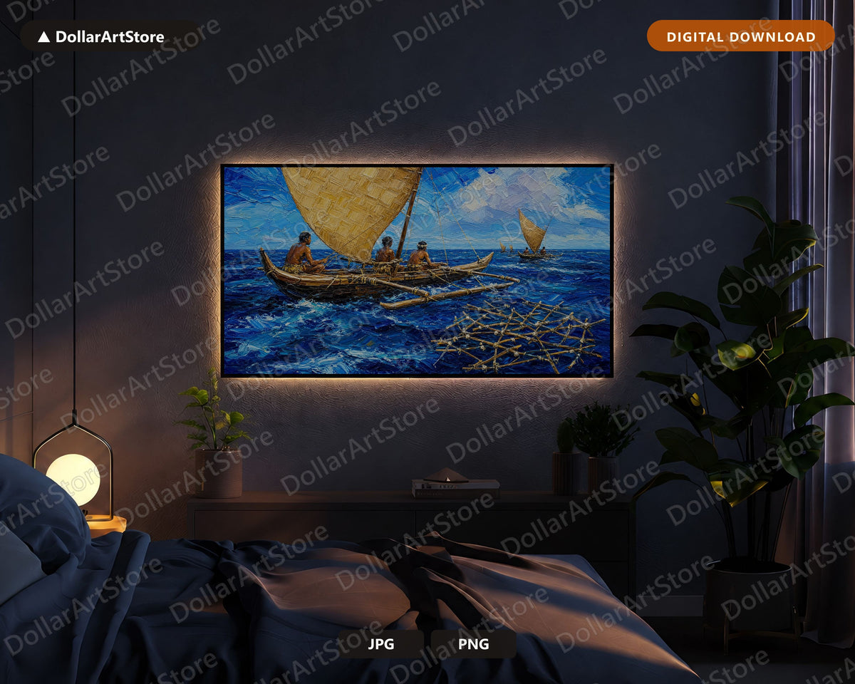 Cozy Ocean Outrigger Frame TV Art, Samsung Frame TV Digital Download, 4K Scenic Water Art