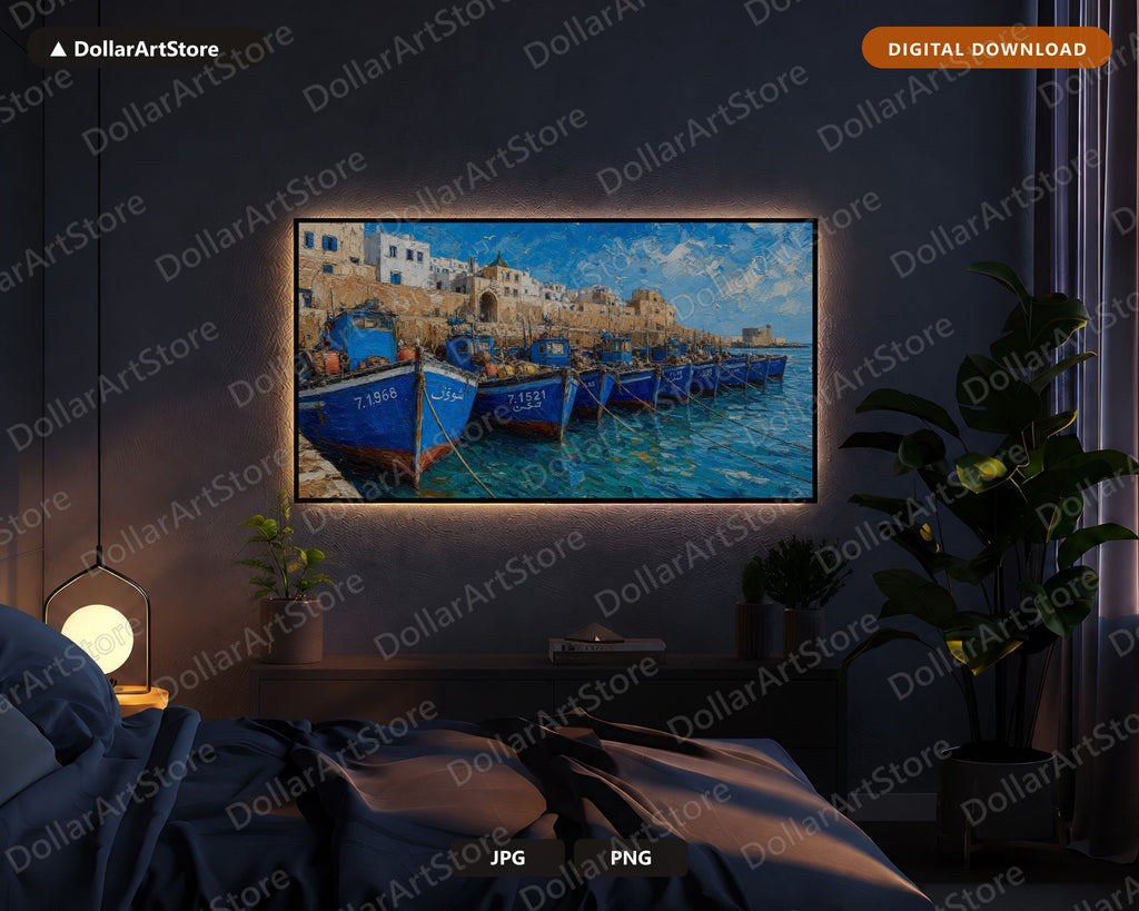 Cozy Coastal Frame TV Art, Blue Fishing Boats Scenery, Samsung Frame TV Digital Download 4K