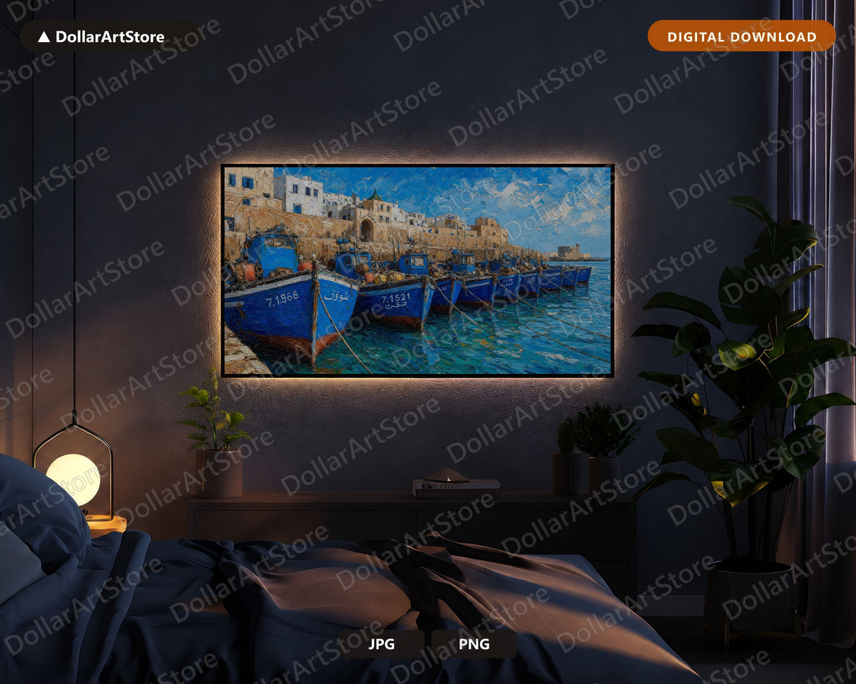 Cozy Coastal Frame TV Art, Blue Fishing Boats Scenery, Samsung Frame TV Digital Download 4K