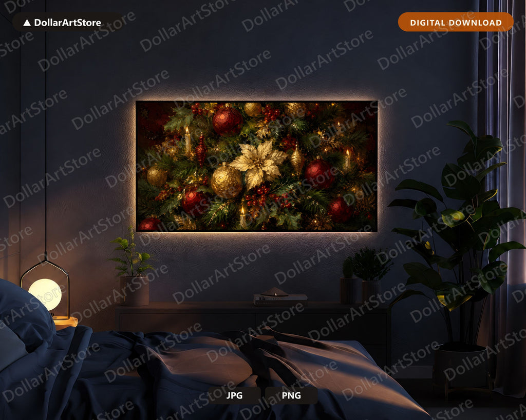 Cozy Holiday Frame TV Art, Christmas Ornaments & Florals