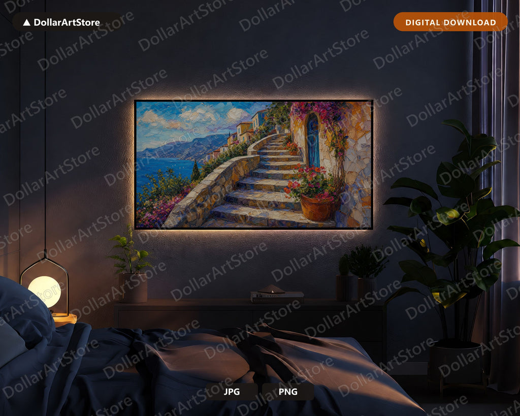 Cozy Mediterranean Coastal Frame TV Art, Samsung Frame TV Digital Download, 4K Textured Screensaver