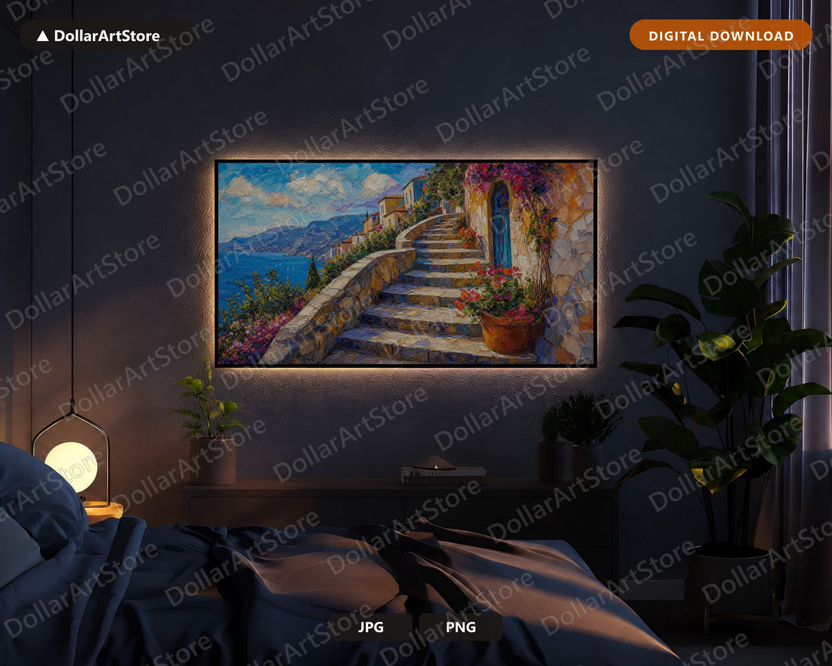Cozy Mediterranean Coastal Frame TV Art, Samsung Frame TV Digital Download, 4K Textured Screensaver