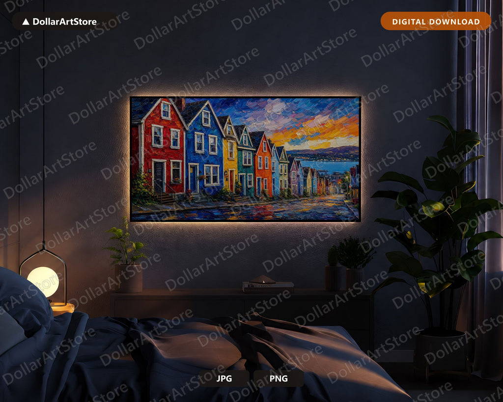 Cozy Colorful Coastal Village Frame TV Art, Samsung Frame TV Digital Download 4K
