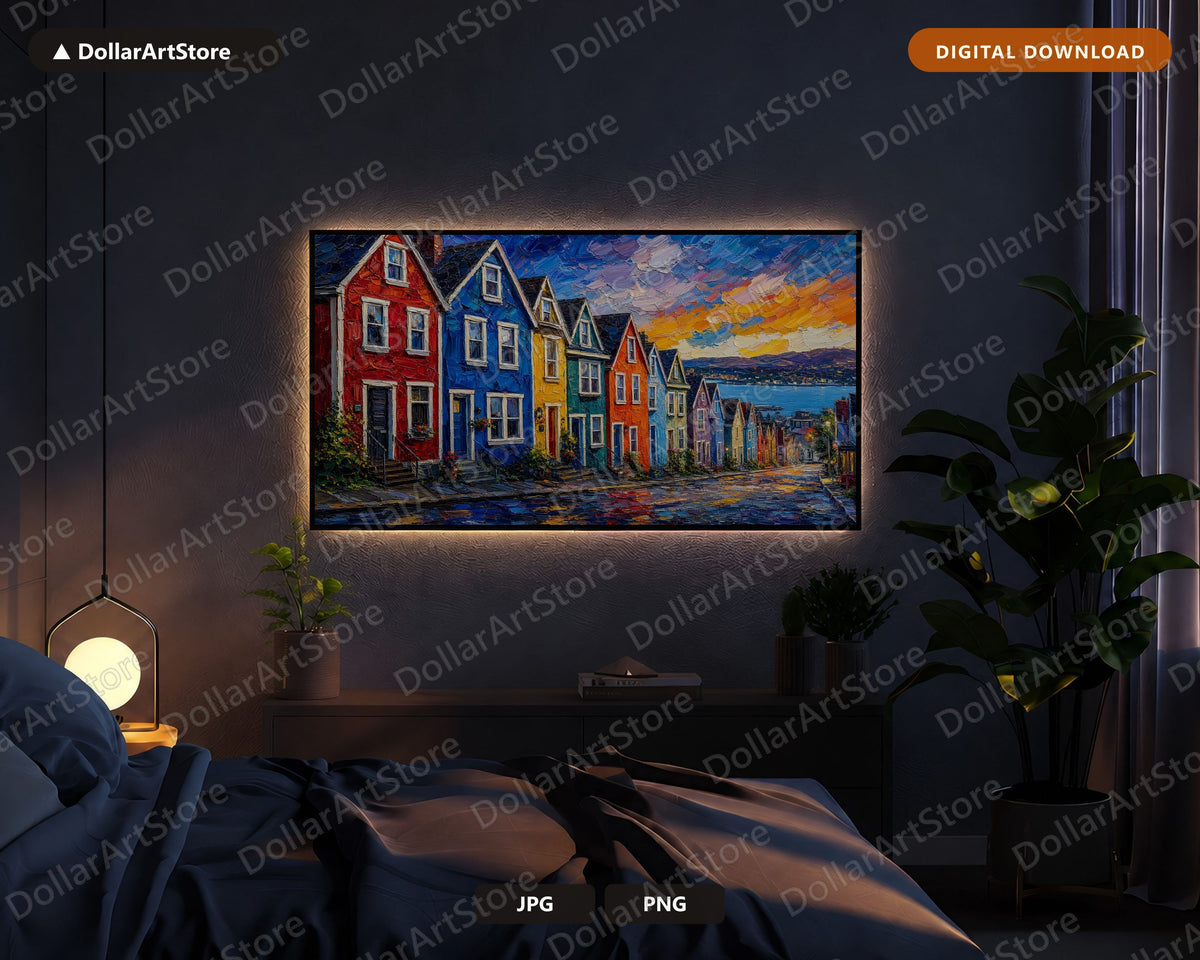 Cozy Colorful Coastal Village Frame TV Art, Samsung Frame TV Digital Download 4K