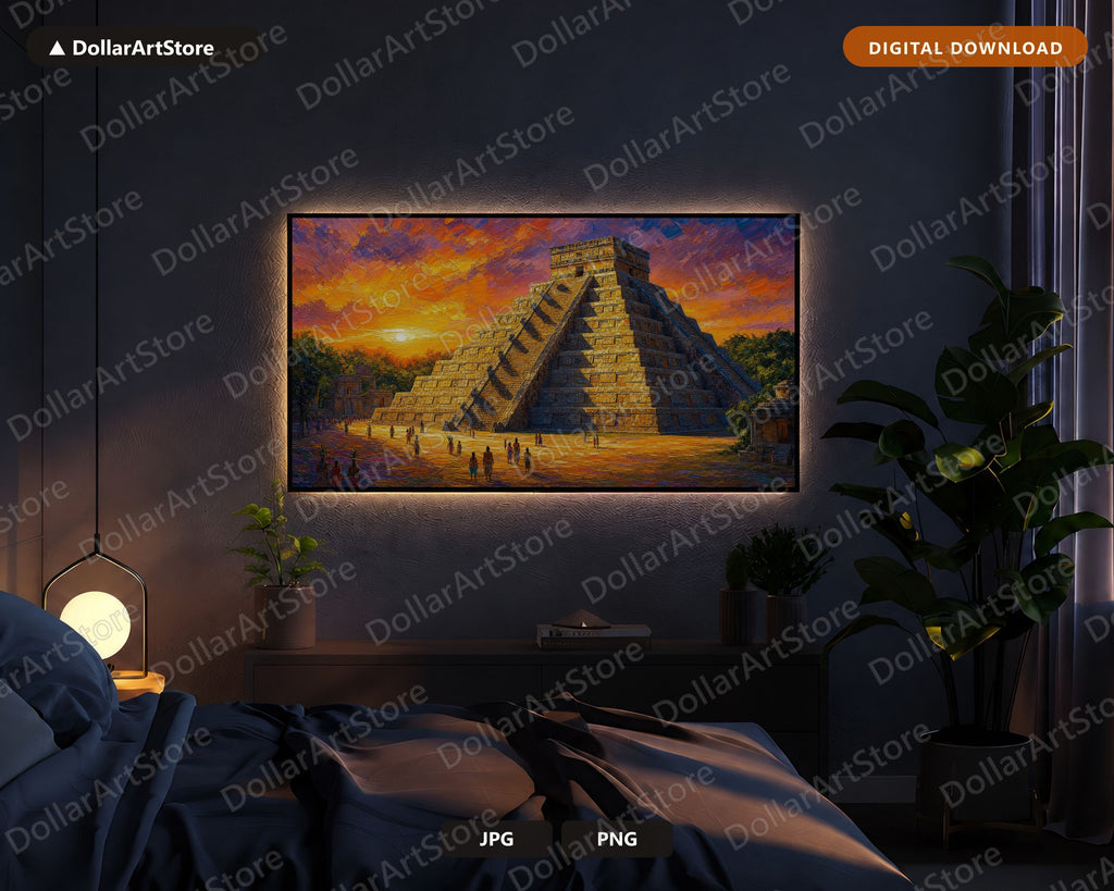 Aztec Pyramid Sunset Frame TV Art, Textured Landscape 4K Digital Download, Samsung Frame TV Screensaver