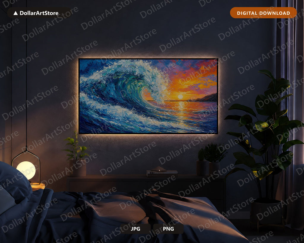 Cozy Coastal Wave Frame TV Art, Samsung Frame TV Digital Download, 4K Textured Ocean Sunset