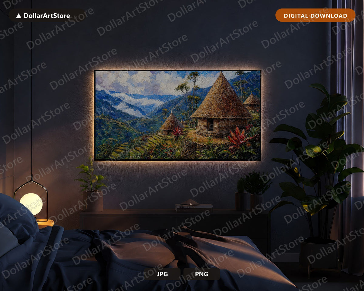 Cozy Highland Village Frame TV Art, Papua New Guinea Landscape, Samsung Frame TV 4K Digital Download