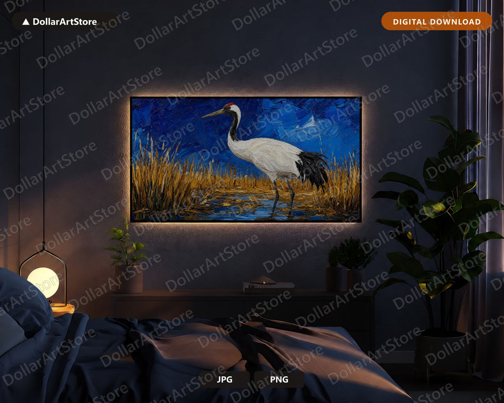 Cozy Crane Frame TV Art, Samsung Frame TV Digital Download, 4K Textured Bird Scenery
