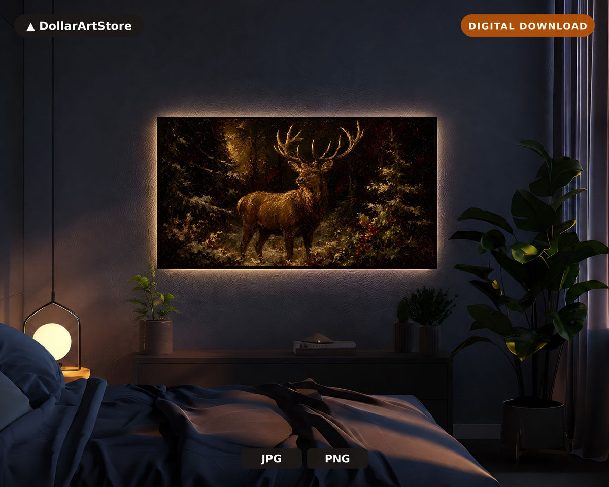 Dark Moody Stag Frame TV Art, Samsung Frame TV Digital Download, Rustic Deer Screensaver 4K