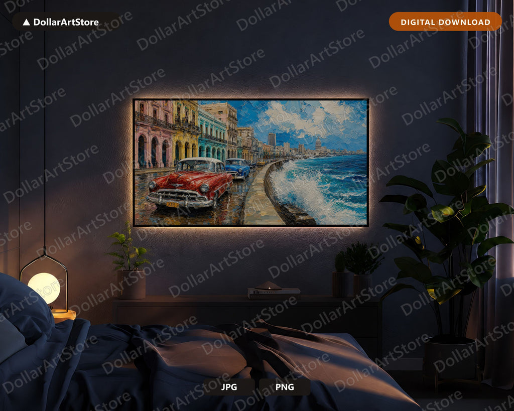 Cozy Havana Street Scene Frame TV Art, Samsung Frame TV Digital Download, 4K Textured Scenery