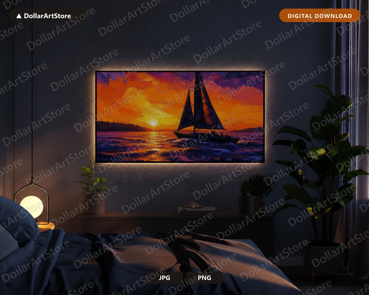 Textured Sailboat Sunset Samsung Frame TV Art | Digital Download