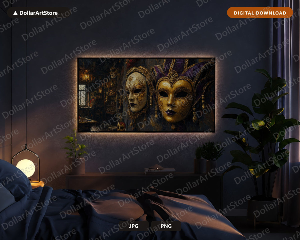 Venetian Mask Workshop Frame TV Art, Moody Dark Gold Samsung Frame TV Digital Download 4K