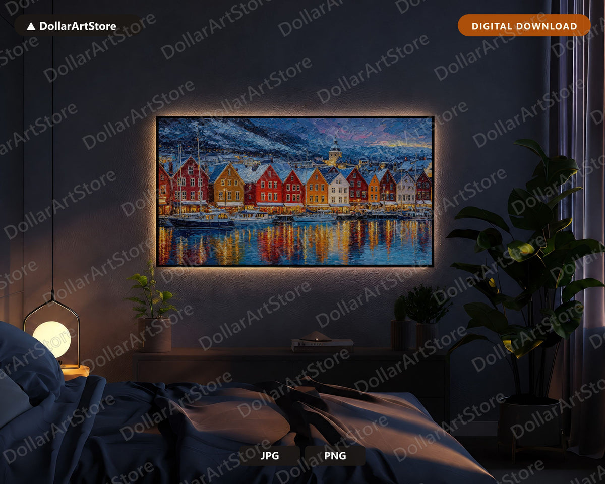 Cozy Scandinavian Harbor Frame TV Art, Winter Coastal Townscape, 4K Samsung TV Digital Download