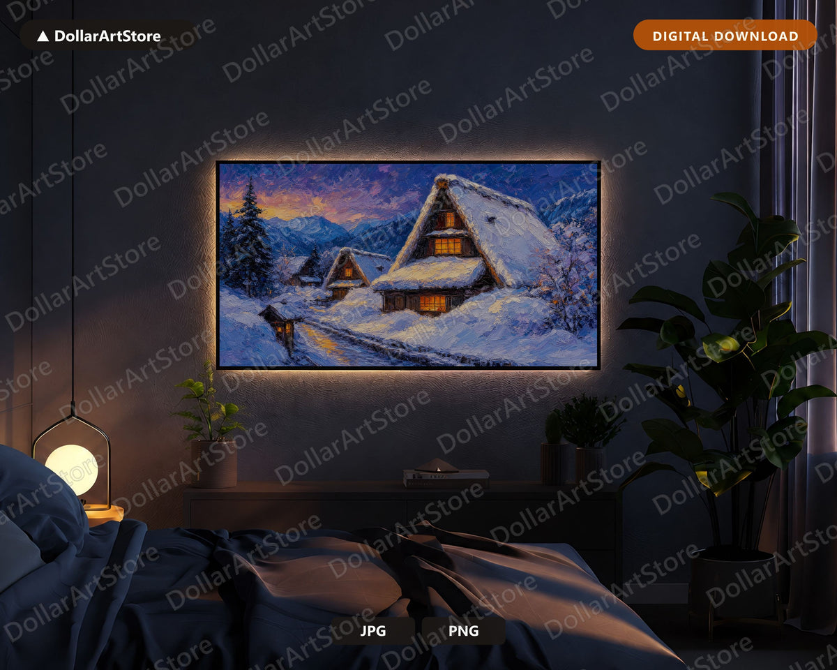 Cozy Winter Frame TV Art, Snow Mountain Cottage Landscape, Samsung Frame TV 4K Digital Download