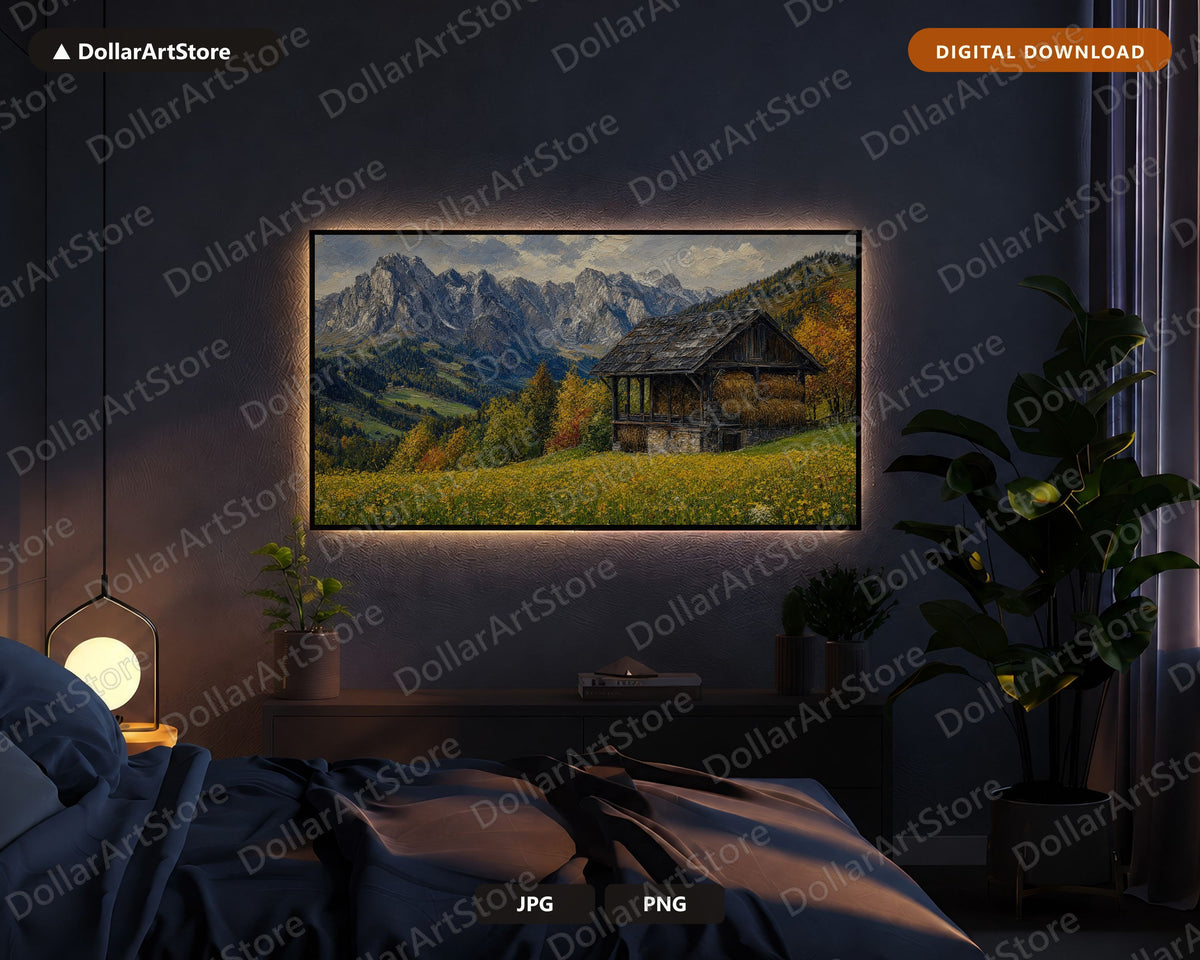 Cozy Rustic Frame TV Art, Alpine Mountain Cottage Samsung Frame TV Digital Download, 4K Textured Scenery