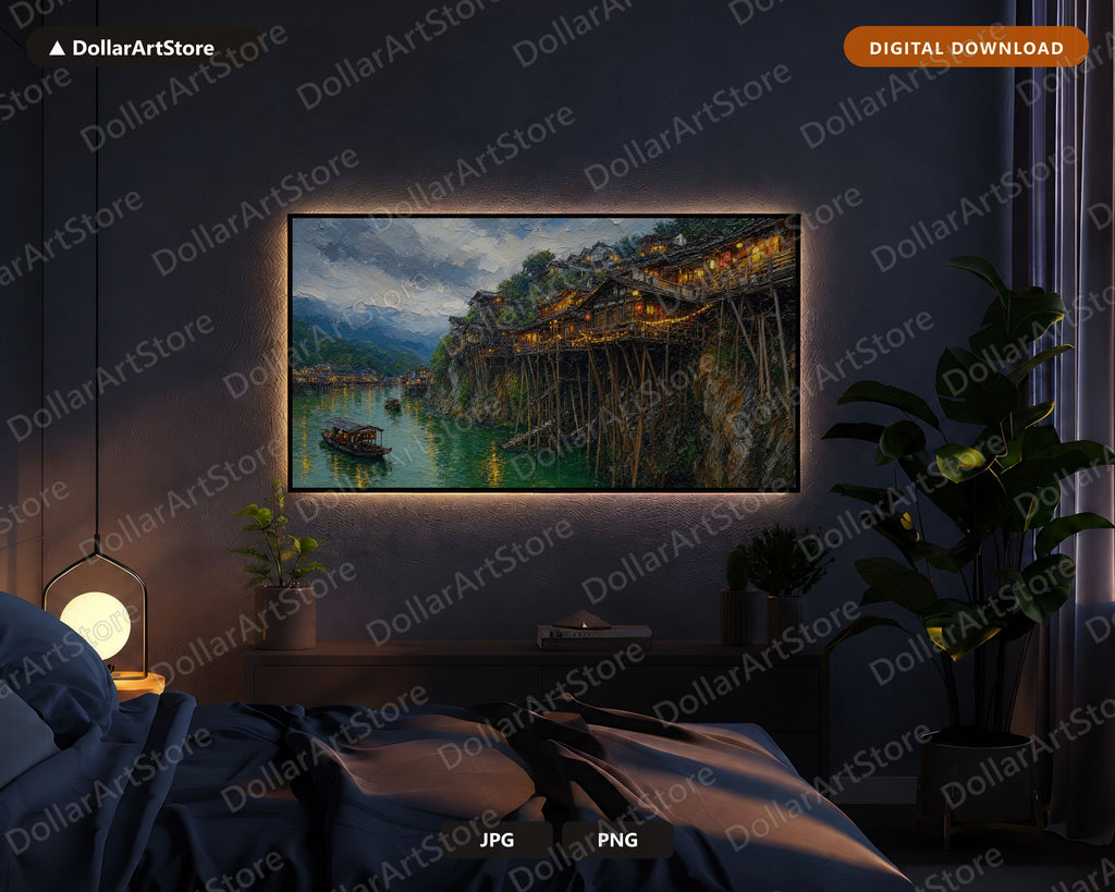 Cozy East Asia Village Frame TV Art, Samsung Frame TV Digital Download, 4K Textured Scenery