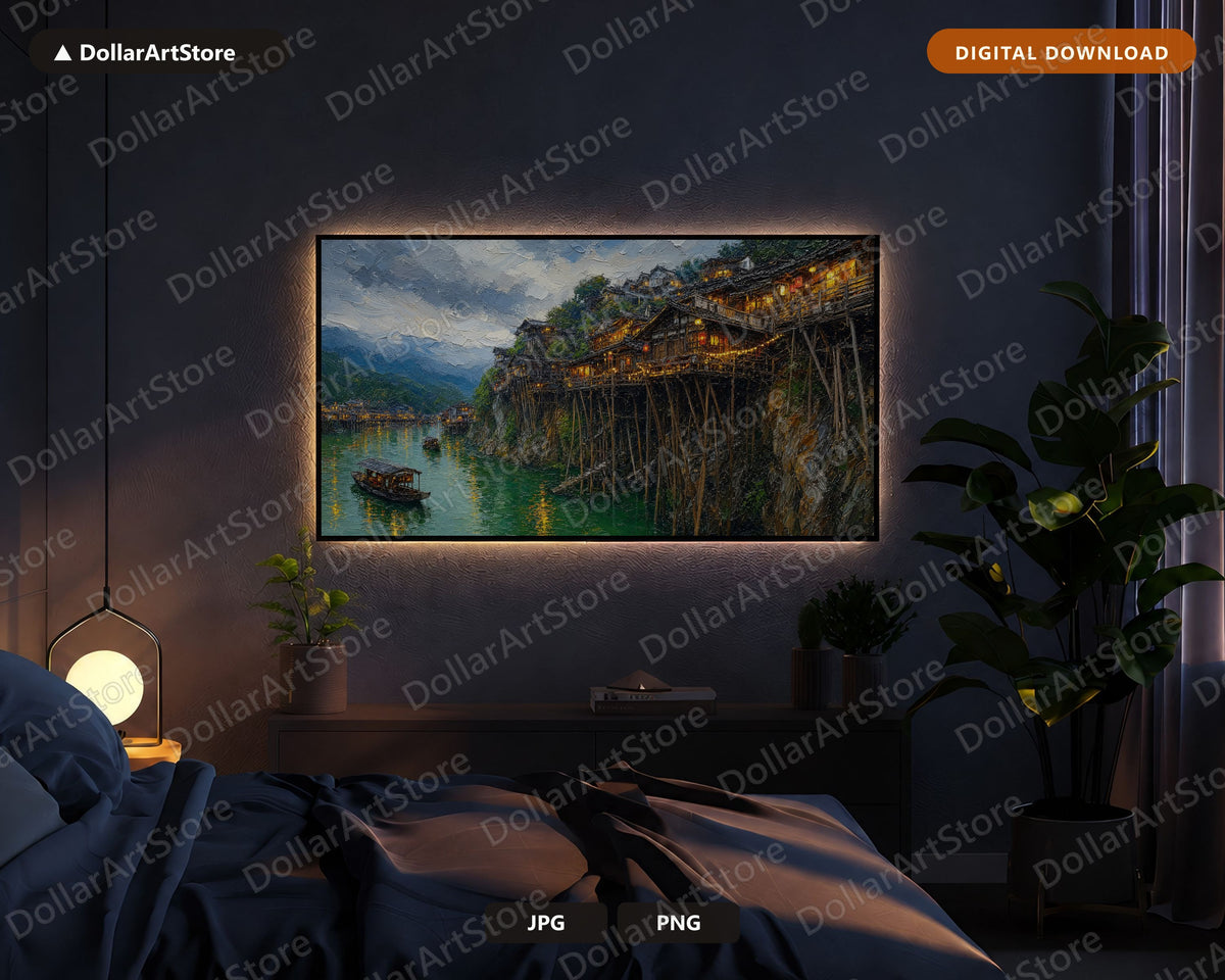 Cozy East Asia Village Frame TV Art, Samsung Frame TV Digital Download, 4K Textured Scenery