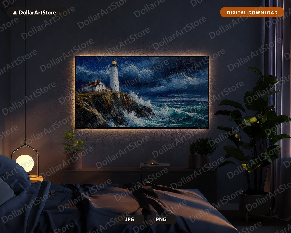 Cozy Lighthouse Frame TV Art, Samsung Frame TV Digital Download, 4K Textured Coastal Scenery