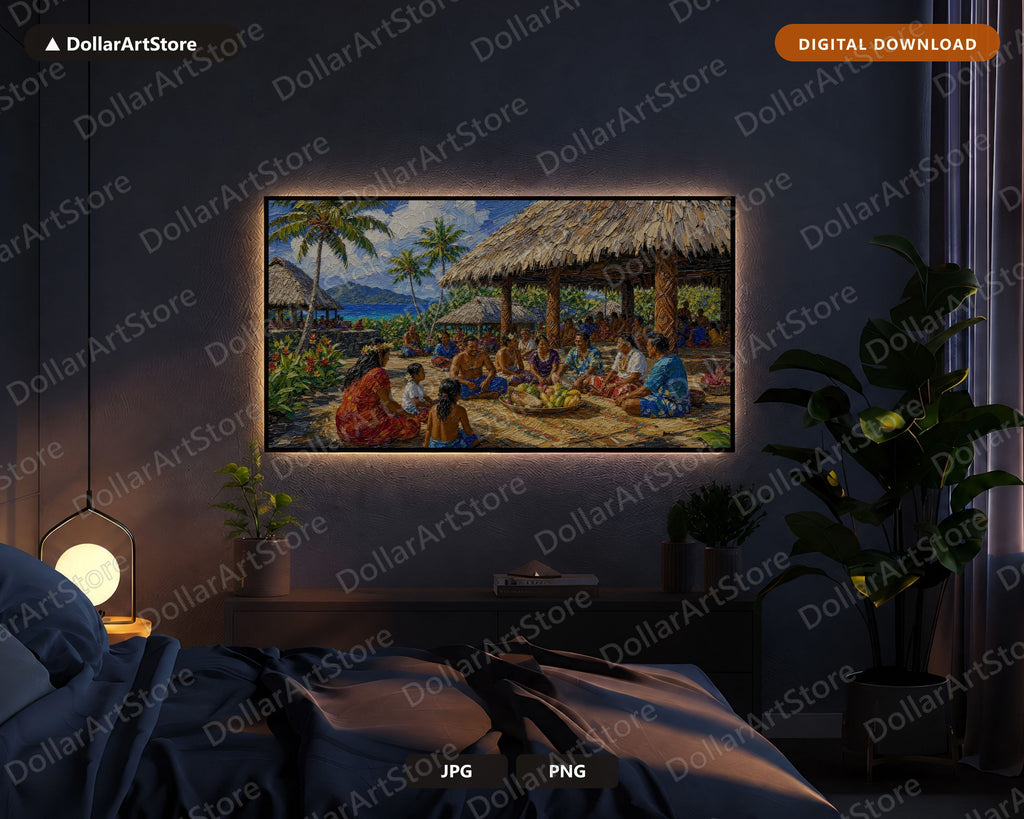 Tropical Fale Village Frame TV Art, Samsung Frame TV Digital Download, 4K Textured Scenery