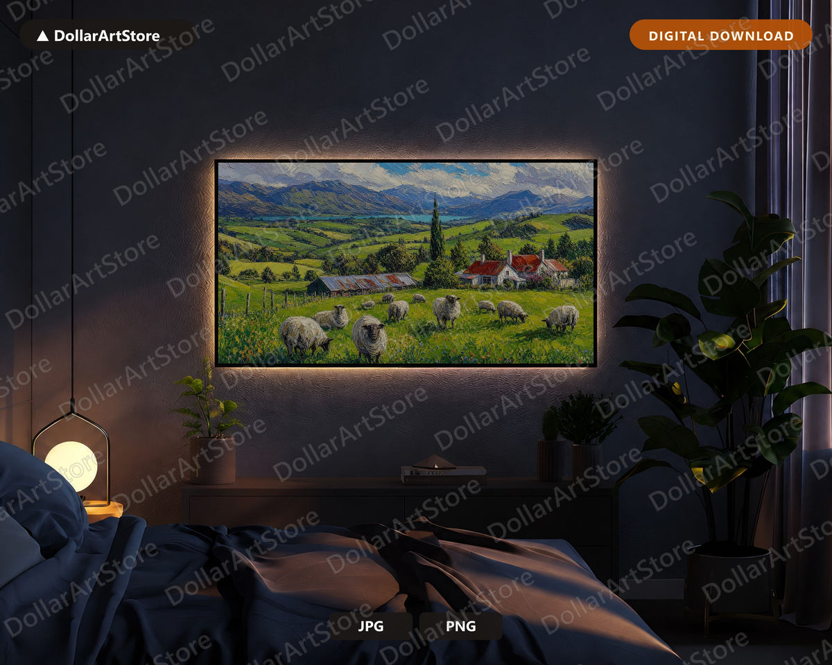 Cozy Pastoral Frame TV Art, Rolling Hills Sheep Farm Samsung Frame TV Download, 4K Textured Scenery Art
