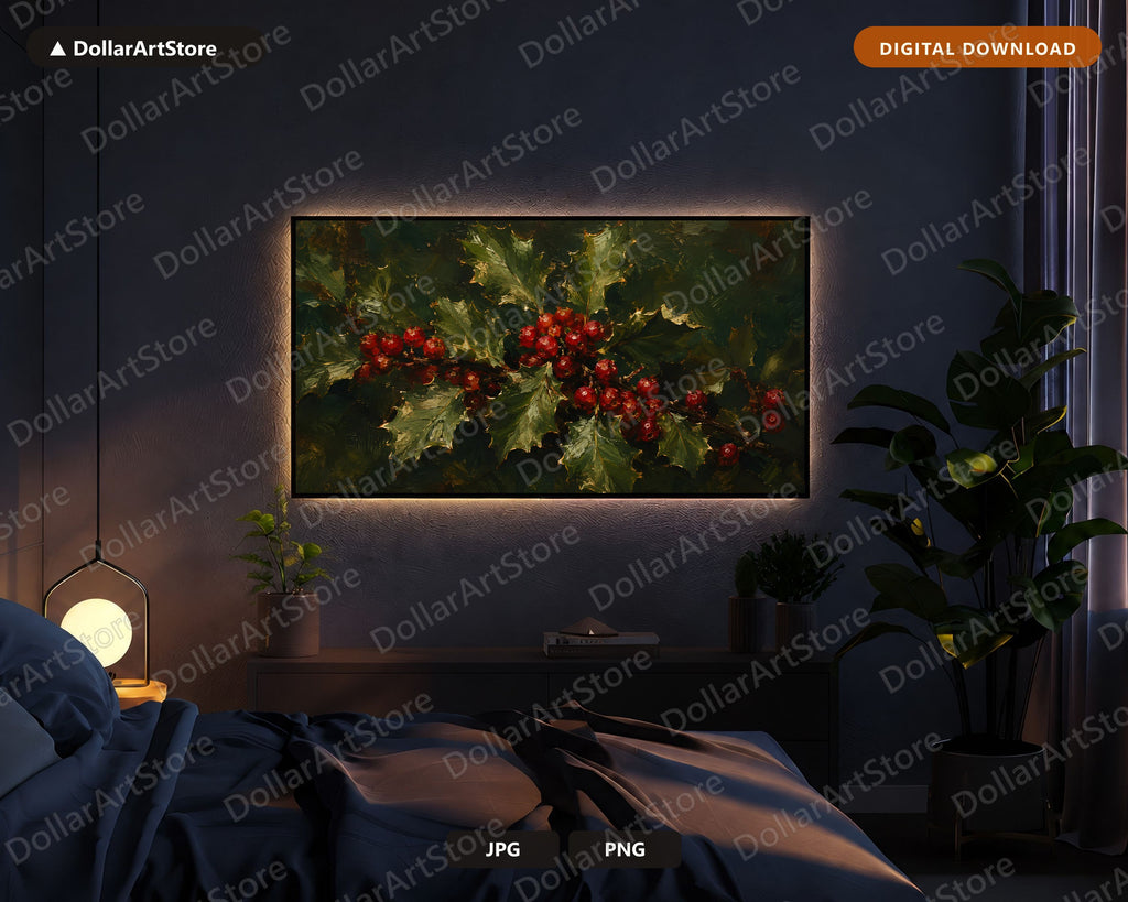 Cozy Holly Berries Frame TV Art, Christmas Textured Botanical Samsung Frame Digital Download 4K
