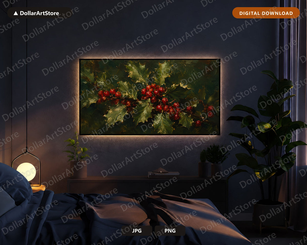 Cozy Holly Berries Frame TV Art, Christmas Textured Botanical Samsung Frame Digital Download 4K