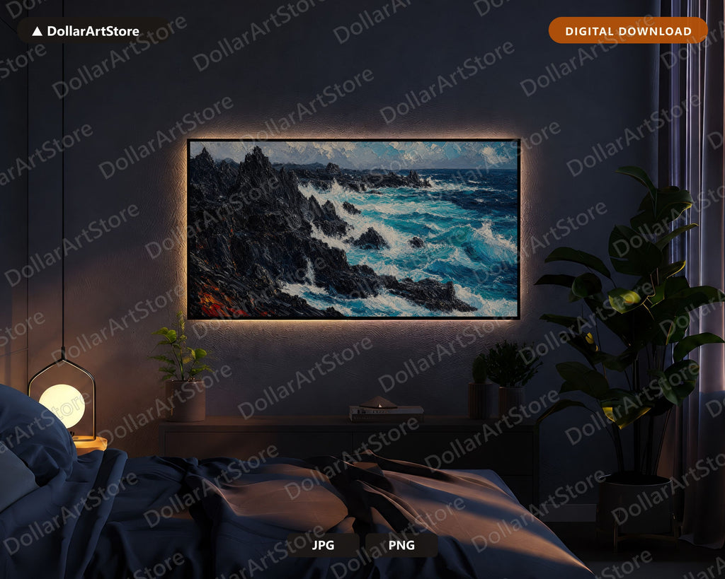 Moody Coastal Scenery Frame TV Art, Samsung Frame TV Digital Download, 4K Textured Ocean Landscape